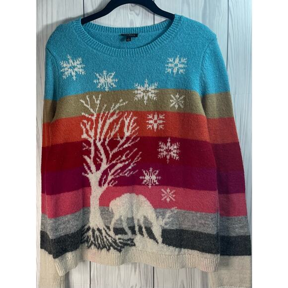 Talbots Woman Large Sweater Lambswool Blend Winter Scene Colorful (READ) - Picture 1 of 6